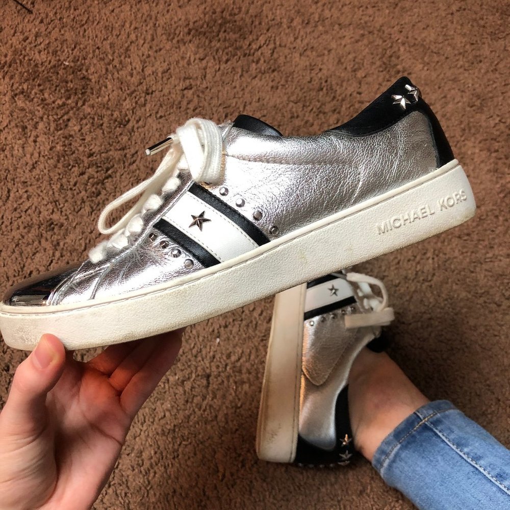 MICHAEL KORS Metallic Silver studded sneakers